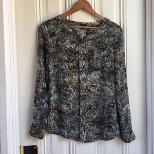 Ann Taylor Long Sleeve Blue and Brown Print Blouse